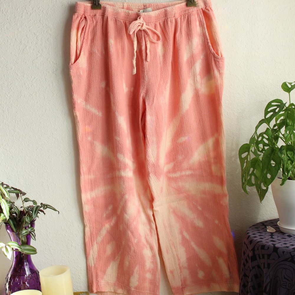 Upcycled Bleach Dye Coral Linen Capri Pants 16P